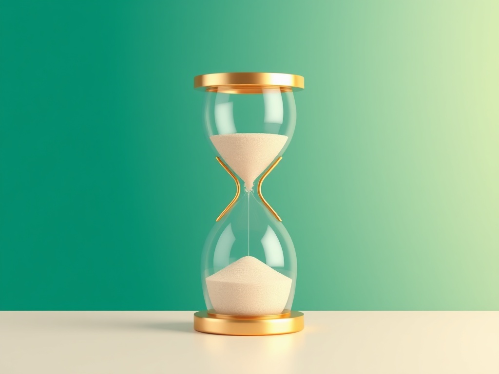 3D render of a minimalist logo icon: an hourglass with sand representing the time, but the sand forms a checkmark. Polished gold finish, floating against a gradient background of deep teal to soft cream. Reflective surface, sharp edges. Photorealistic, 8k, commercial 3D rendering.
